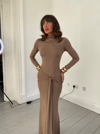 Drape Front Tie Long Sleeve Maxi Dress - Mocha