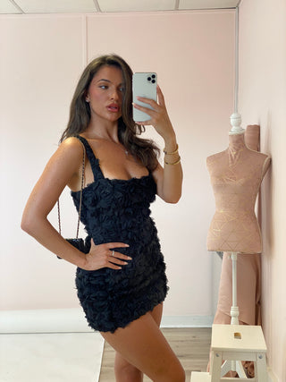 Rose Applique Square Neck Mini Dress - Black