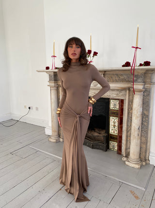 Drape Front Tie Long Sleeve Maxi Dress - Mocha
