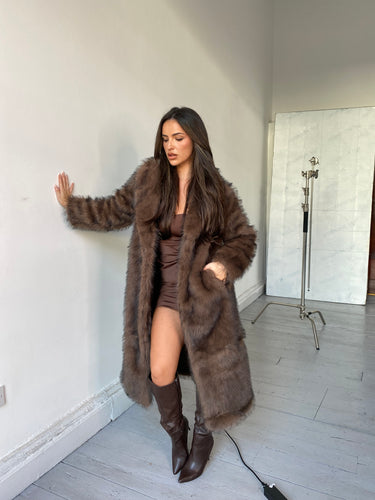 Premium Faux Fur Longline Coat - Brown