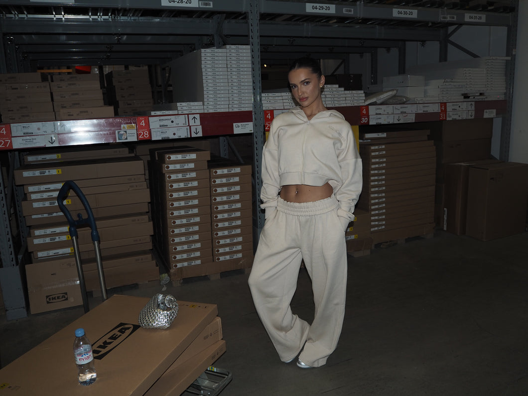 Premium Wide Leg Jogger & Hoodie Co Ord Beige