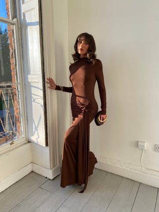 Drape Front Tie Long Sleeve Maxi Dress - Chocolate Brown
