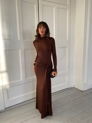 Drape Front Tie Long Sleeve Maxi Dress - Chocolate Brown