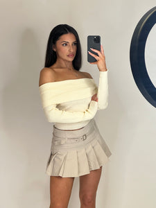 Belted Skater Mini Skirt Beige