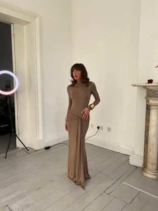 Drape Front Tie Long Sleeve Maxi Dress - Mocha