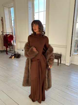 Drape Front Tie Long Sleeve Maxi Dress - Chocolate Brown