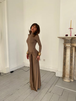 Drape Front Tie Long Sleeve Maxi Dress - Mocha