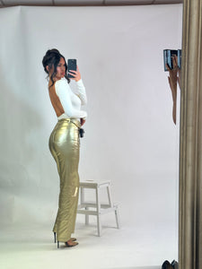 Metallic Wide Leg Trousers - Gold