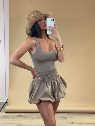 Shirred High Waist Bubble Skirt - Mocha