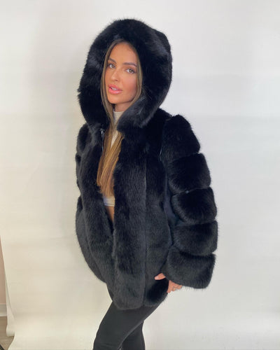 Premium Faux Fur Hooded Coat Noir