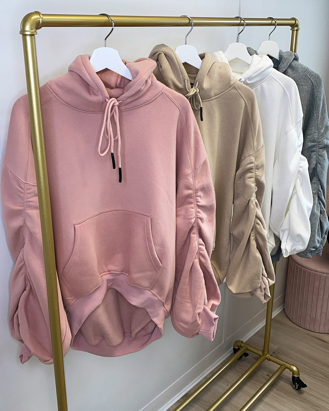 Oversized Ruched Sleeve Hoodie Dusty Pink