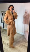 Load image into Gallery viewer, Premium Faux Fur Trim Belted Trench Coat Toffee