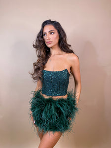 Ostrich Feather Mini Skirt - Forest Green
