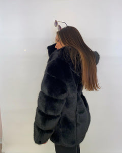 Premium Faux Fur Hooded Coat Noir