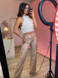 Vegan Soft Leather Cargo Wide Leg Trousers Cappuccino