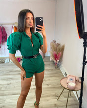 Load image into Gallery viewer, Puff Sleeve Belted Playsuit Green