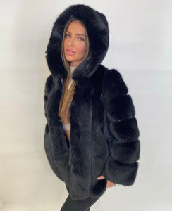 Premium Faux Fur Hooded Coat Black