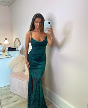 Load image into Gallery viewer, Malissa Split Velvet Leopard Maxi Dress Green