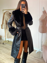 Load image into Gallery viewer, Premium Faux Fur Trim Belted Trench Coat Black
