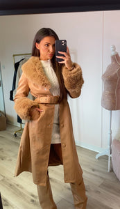 Premium Faux Fur Trim Belted Trench Coat Toffee